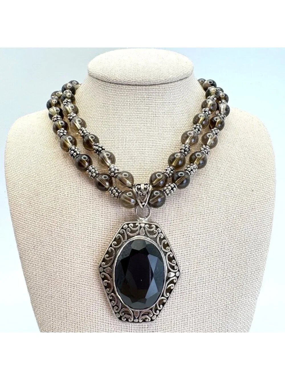 Smoky Quartz Beaded Sterling Silver 925 Necklace 16
